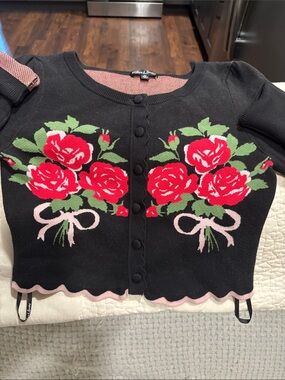 For Love & Lemons Black Cardigan with Red-Pink Interior
